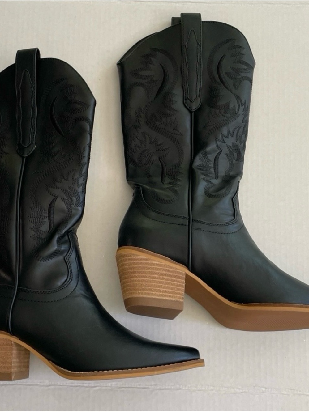 Black Western Cowboy Boots With Wooden Heel Women Size 8